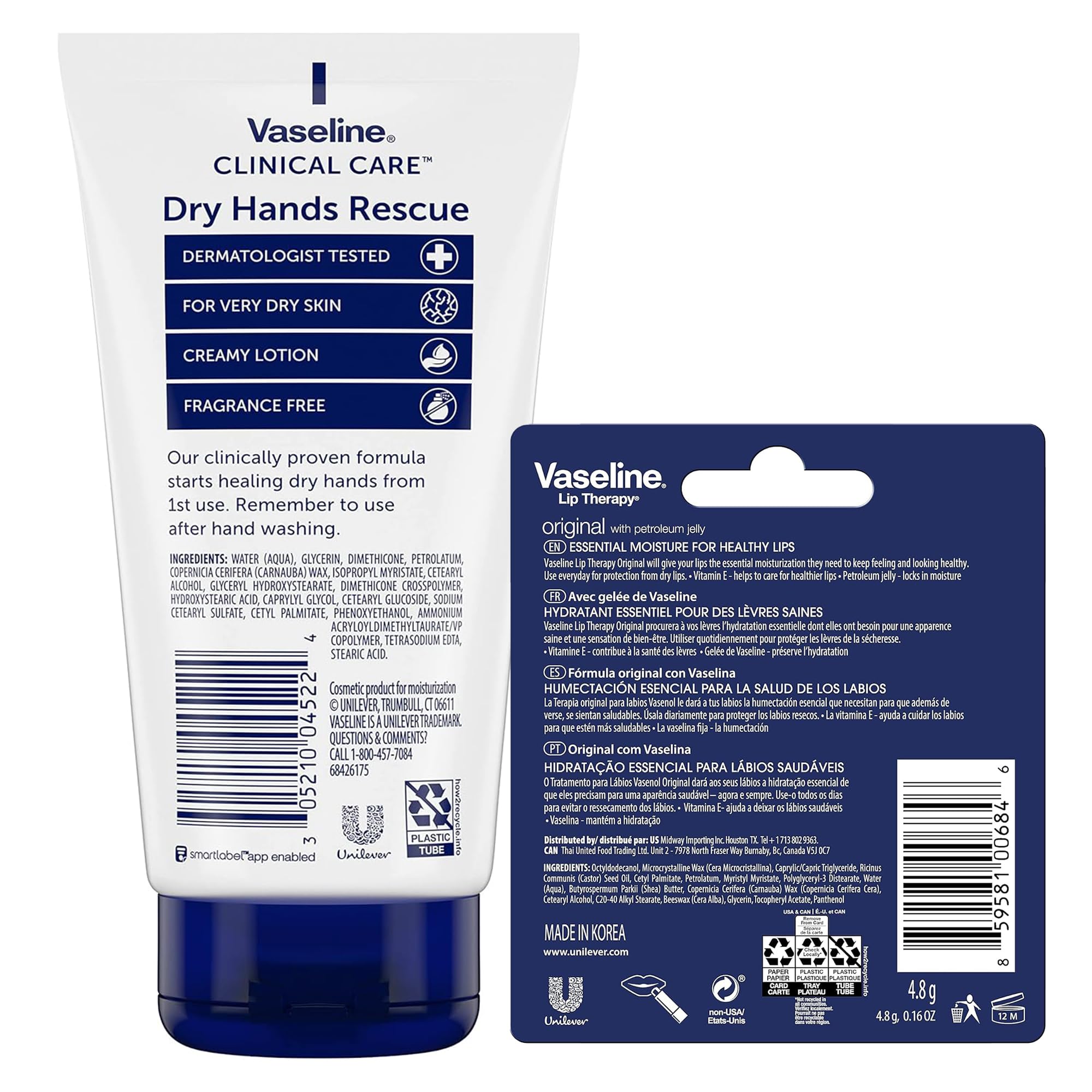 Vaseline Hand Cream, Dry Hands Rescue 2-Pack – Clinical Care Formula, Fragrance-Free, 5.1 Oz Ea + Lip Therapy Original Moisturizer for Lips, 0.16 Oz